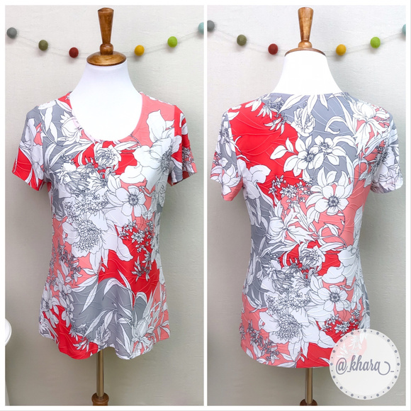 Croft & Barrow Red/Coral/Gray Floral Blouse - Picture 2 of 7